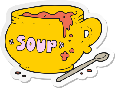 Bir insan tarafından çizilmiş bir çorba kasesinin etiketi.