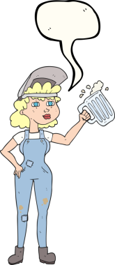 Bir insan tarafından çizilmiş birası olan çalışkan bir kadın.