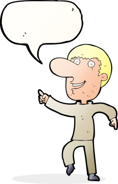 Bir insan tarafından çizilmiş konuşma balonuyla dans eden mutlu adam çizgi filmi.