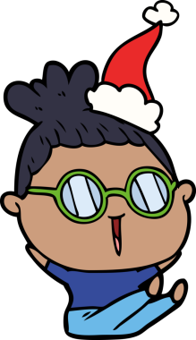 Bir insanın çizdiği Noel Baba şapkası takan gözlüklü bir kadının el çizimi.