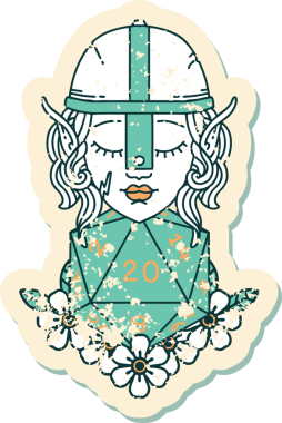 Retro Tattoo stili elf dövüşçüsü. Bir insan tarafından çizilmiş 20 zar ile.