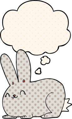 Çizgi roman tarzında bir insan tarafından çizilmiş düşünce kabarcığı olan çizgi film tavşanı.