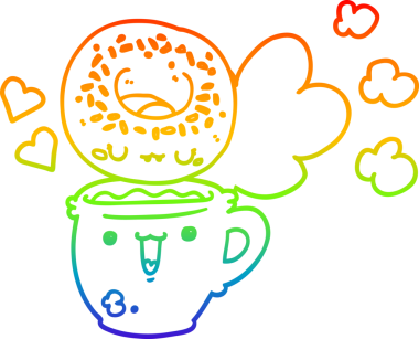 Gökkuşağı gradyan çizgisi. Tatlı bir çörek ve bir insan tarafından çizilmiş kahve.