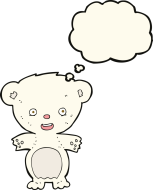 Bir insan tarafından çizilmiş düşünce baloncuklu kutup ayısı çizgi filmi.