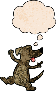 Düşünce baloncuğu ile dans eden çizgi film köpeği. Bir insan tarafından çizilmiş grunge doku tarzı.