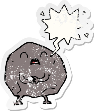 Konuşma baloncuğu olan karikatür rock 'ı bir insan tarafından çizilmiş sıkıntılı eski bir çıkartma