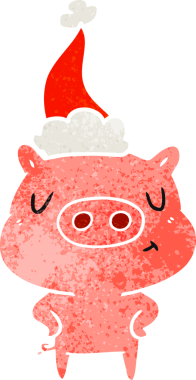 Bir insan tarafından çizilmiş Noel Baba şapkası takan bir domuzun el çizimi karikatürü.