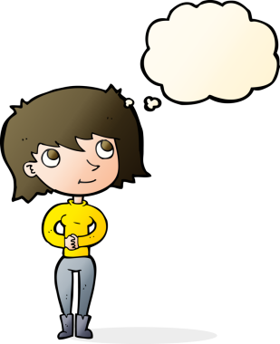 Bir insan tarafından çizilmiş düşünce baloncuğu olan çizgi film dostu kadın.