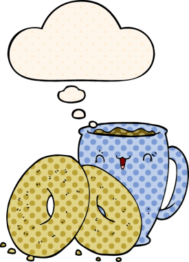 Çizgi roman tarzında bir insan tarafından çizilmiş düşünce balonlu kahve ve çörekler.