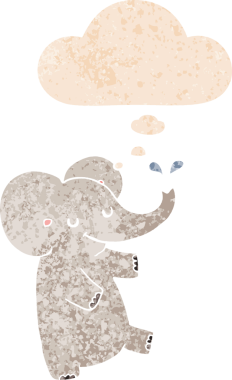 Düşünce baloncuğuyla dans eden çizgi film fili grunge dertli eski moda bir insan tarafından çizilmiş.