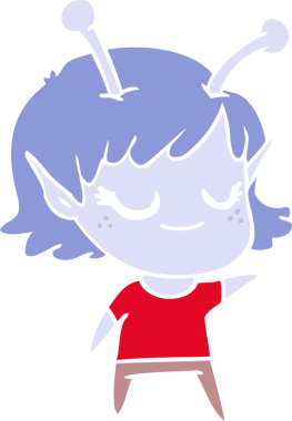 Gülümseyen uzaylı kız düz renkli çizgi film bir insan tarafından çizildi.