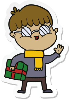 Bir insan tarafından çizilmiş hediye taşıyan gözlüklü bir çizgi film çocuğunun çıkartması.