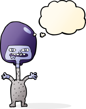 Bir insan tarafından çizilmiş düşünce baloncuğu olan bir uzaylı çizgi filmi.