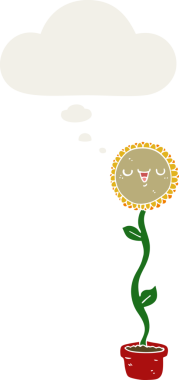 Düşünce baloncuğu olan çizgi film ayçiçeği insan tarafından çizilmiş.