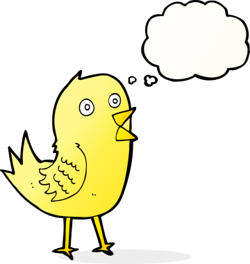 Bir insan tarafından çizilmiş düşünce baloncuğu ile tweet atan kuş.