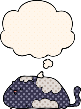 Çizgi roman tarzında düşünce baloncuğu olan çizgi film kedisi insan tarafından çizilmiş.