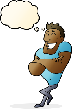 Bir insan tarafından çizilmiş düşünce balonlu kaslı adam.