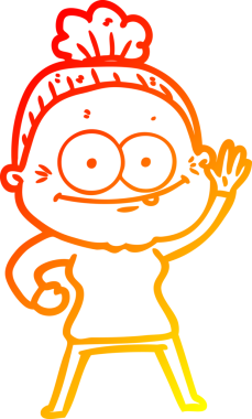 Bir insan tarafından çizilmiş mutlu, yaşlı bir kadının sıcak çizgi çizimi.