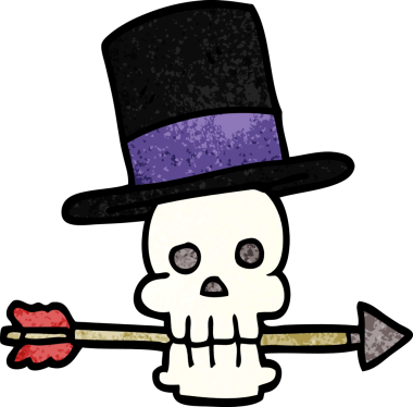 Bir insan tarafından çizilmiş silindir şapkalı ve oklu karalama kafatası.