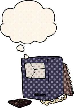 Bir insan tarafından çizilmiş çizgi roman şeklinde düşünce baloncuğu olan kırık eski bir bilgisayar.