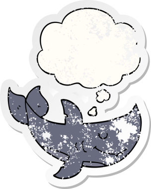 İnsan tarafından çizilmiş yıpranmış bir çıkartma gibi düşünce balonu olan çizgi film köpekbalığı.