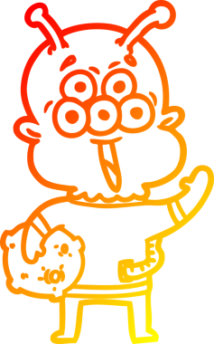 Bir insan tarafından çizilmiş ay taşı olan mutlu bir uzaylının sıcak çizgi çizimi.