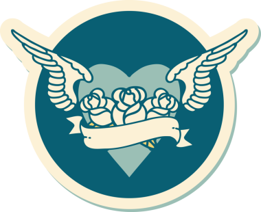 Geleneksel kalp stili dövme çıkartması. Kanatları, çiçekleri ve insan sancağıyla çizilmiş.