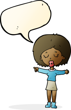 Bir insan tarafından çizilmiş konuşma balonu olan bir kadını gösteren çizgi film.