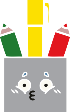 Bir insan tarafından çizilmiş bir kalem tenceresinin düz renkli retro karikatürü