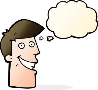 Bir insan tarafından çizilmiş düşünce baloncuğu ile sırıtan çizgi film adamı.