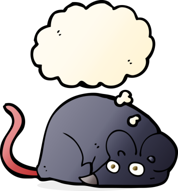 Bir insan tarafından çizilmiş düşünce baloncuklu beyaz fare çizgi filmi.