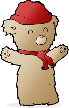 Bir insan tarafından çizilmiş şapka ve eşarplı oyuncak ayı.