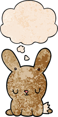 Bir insan tarafından çizilmiş grunge desenli düşünce baloncuklu şirin çizgi film tavşanı.