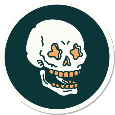 Bir insan tarafından çizilmiş bir kafatasının geleneksel stiliyle dövme çıkartması.