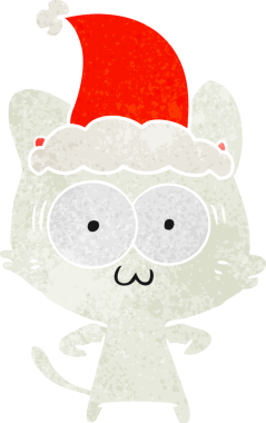 Bir insan tarafından çizilmiş Noel Baba şapkası giymiş şaşırmış bir kedinin el çizimi karikatürü.