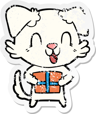 Bir insan tarafından çizilmiş noel hediyeli, gülen bir köpeğin kederli çıkartması.