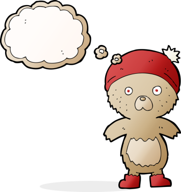 Bir insan tarafından çizilmiş düşünce baloncuklu şirin oyuncak ayı.