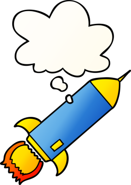 bir insan tarafından çizilmiş yumuşak eğimli düşünce baloncuklu çizgi film roketi