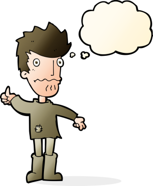 İnsan tarafından çizilmiş düşünce baloncuğu ile baş parmak işareti veren endişeli bir adam çizgi filmi.