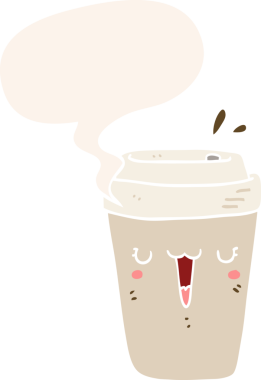 bir insan tarafından çizilmiş, konuşma baloncuklu çizgi film kahve fincanı.