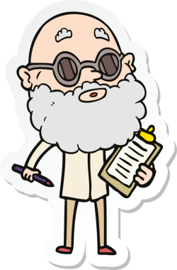 Bir insan tarafından çizilmiş sakallı ve güneş gözlüklü tuhaf bir adamın çıkartması.