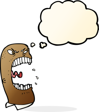 Bir insan tarafından çizilmiş düşünce baloncuğuyla bağıran öfkeli bir adam.