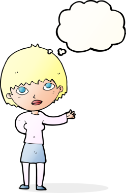 Bir insan tarafından çizilen düşünce baloncuğuyla açıklayan çizgi film kadını.