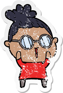 Bir insan tarafından çizilmiş gözlük takan karikatürlü bir kadının sıkıntılı çıkartması.