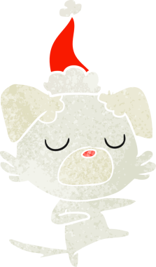 Bir insan tarafından çizilmiş Noel Baba şapkası takan bir köpeğin retro karikatürü.