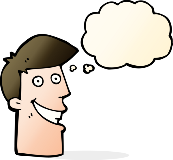 Bir insan tarafından çizilmiş düşünce baloncuğu ile sırıtan çizgi film adamı.