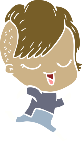 Bir insan tarafından çizilmiş fütüristik elbiseli mutlu düz renkli çizgi film kızı.