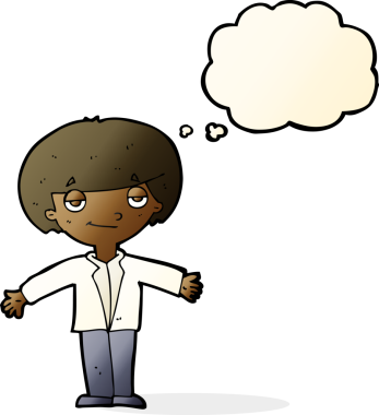 Bir insan tarafından çizilmiş düşünce kabarcığı olan kendini beğenmiş bir çocuk.