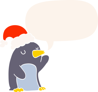 Bir insan tarafından çizilmiş retro tarzı konuşma baloncuğu olan sevimli bir çizgi film pengueni.