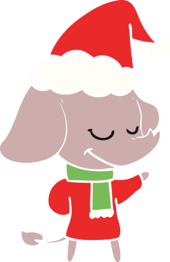 Bir insan tarafından çizilmiş Noel Baba şapkası takan gülümseyen bir filin el resmi.